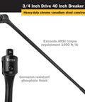 40 Inch Three Quarters Inch Drive Breaker Bar With 180 Degree Swivel Head, Heavy Duty Chrome Vanadium Steel Construction, 1000 Ft-Lb Max Torque, Corrosion Resistant Chrome Plated Shaft, Replacement Head Available, shown in black with 3/4 inch drive.