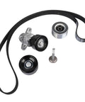 Premium Drive Belt Tensioner And Pulley Kit For Nissan Maxima And Murano With 3.5L Engine Replaces 11720-JA10B components laid out.