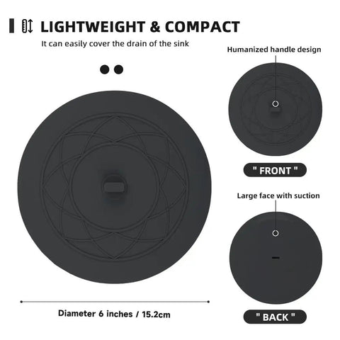 Heavy Duty Silicone Tub Stopper Two Pack Standard Six Inch Drain Plug Bulletproof hair catcher shown from front and back.