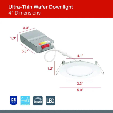 4 Inch LED Recessed Downlight Wafer Slim Ultra Thin 5 In 1 Color Temperature 120V Matte White Flat Trim 90CRI shown with dimensions
