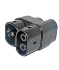 Heavy Duty Ccs1 To Ccs2 Fast Charge Adapter Backed By Dc And Ac Power For Type One To Type Two Ev Converters Rated At Two Hundred Fifty Amps close-up of black adapter plugs.