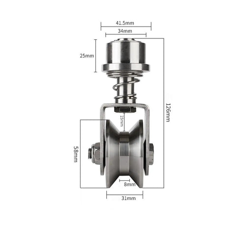 Badass Heavy Duty Groove Spring Universal Wheel And 304 Stainless Steel Track Roller Caster dimensions shown, suitable for sliding gates.