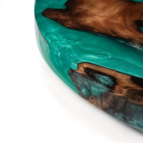 Close-up of 16 Inch Turquoise Epoxy Resin Lazy Susan Wood Turntable Organizer corner showing resin and wood texture detail