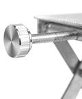 Lab jack screw on stainless steel platform stand; knurled knob and threaded rod