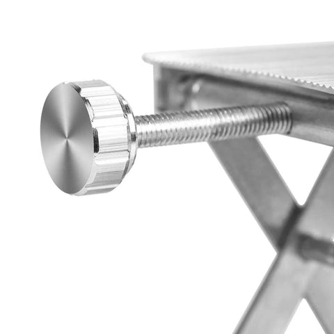 Lab jack screw on stainless steel platform stand; knurled knob and threaded rod