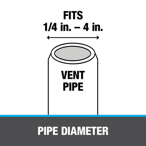 Diagram showing vent pipe fits 1/4 in to 4 in diameter for Master Flash Roof Flashing Base 8x8 Inches, EPDM Collar.