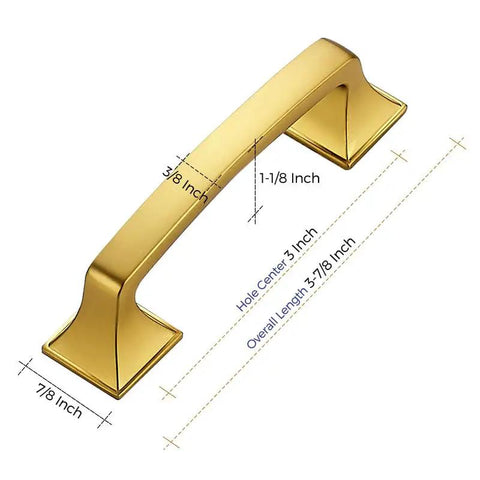 Top Notch Gold Cabinet Pulls For Modern Kitchens, 3 Inch Center To Center Hole Spacing, angled view showcasing dimensions.