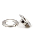 Three Eighths Inch Grommets With Setting Tool Kit, Nickel Finish, 72 Sets - close-up of two nickel grommets