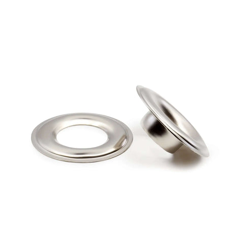 Three Eighths Inch Grommets With Setting Tool Kit, Nickel Finish, 72 Sets - close-up of two nickel grommets