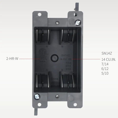 Front view of One Gang Old Work Electrical Outlet Box For Switches, Plastic Junction Box With Fourteen Cu In Capacity, AWG Standard.