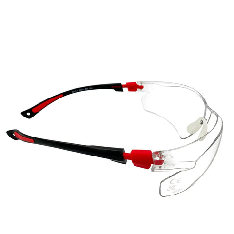 Kick Ass UV Safety Glasses With Wraparound Lens For Work And Sports Ansi Z87.1 Rated clear lens side view with red black temples