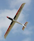 Swift 2100 RC Glider flying in the sky, showcasing its 82.7 inch wingspan and carbon fiber reinforced airframe.