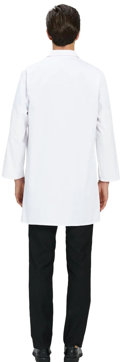 Long White Lab Coat For Men And Unisex Medical Pros Scientist Doctor Nurse Or Student Cotton Polyester Blend Soft Yet Durable With Two Patch Pockets And Chest Pocket With Pen Divider Medium Size, back view