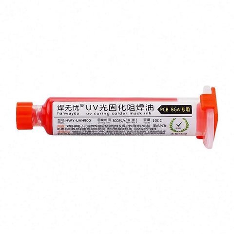 Red UV Curable Solder Mask 10cc For PCB And BGA Circuit Boards Protects Solder Paste Fluxes And Welding Fluxes Oil Includes One Syringe Push Needle For Precise DIY Electronics Assembly, showing the 10cc syringe with red cap and labeling.