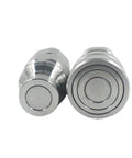 Front view of two chrome ISO16028 skid-steer flat-face hydraulic quick-connect couplers, 3/4 NPT, with dust caps