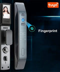 Solid Heavy Duty Smart Door Lock With APP Remote Control And Lightning Fast Fingerprint Scan Total No Sweat Home Security Keyless Entry side view with fingerprint scanner and keypad.