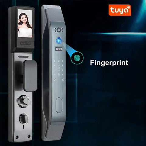Solid Heavy Duty Smart Door Lock With APP Remote Control And Lightning Fast Fingerprint Scan Total No Sweat Home Security Keyless Entry side view with fingerprint scanner and keypad.