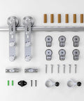 4 Ft Stainless Steel Sliding Barn Door Hardware Kit With Built Tough Smooth Quiet Rollers, Easy Install, Heavy Duty Track For 24 Inch Single Wood Door, Anti Rust Satin Finish, Durable And Reliable. Installation components displayed.