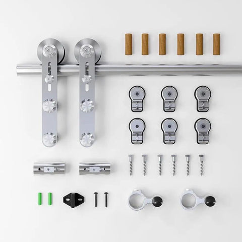 4 Ft Stainless Steel Sliding Barn Door Hardware Kit With Built Tough Smooth Quiet Rollers, Easy Install, Heavy Duty Track For 24 Inch Single Wood Door, Anti Rust Satin Finish, Durable And Reliable. Installation components displayed.
