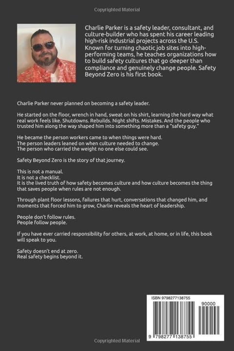 Back cover of Safety Beyond Zero book; author photo, blurb text, and barcode visible.