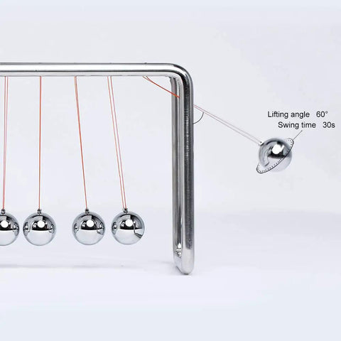 7 Ball Newton's Cradle Pendulum Desk Toy With Classic Swing And 30 Plus Second Swing Time, Chrome Iron Construction side view
