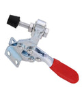 Heavy Duty Horizontal Toggle Clamps Clutch Tight Grip For Woodworking Jigs Welding Fixtures Electroplated Rustproof Steel Shop Built Assembly Hardware 5 Piece close-up of single toggle clamp with red handle.