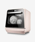 Fully Automatic Countertop Dishwasher With 5L Built In Water Tank And Inlet Hose Featuring Five Programs, compact design with dishes inside.