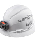 Hard Hat With Rechargeable Headlamp Vented Full Brim Style Padded Odor Resistant Sweatband For All Day Comfort Secure Mounts White