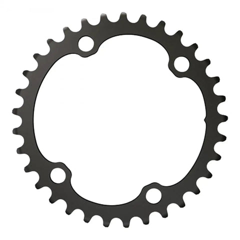 35T Inner Chainring For 12-Speed Drivetrain, 107 BCD, 4-Bolt, Black Aluminum, lightweight upgrade, shown from front view.