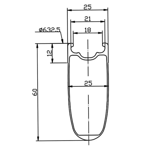 Technical diagram of Carbon Road Wheelset 700c 60mm rim depth, 25mm width, tubeless ready with basalt braking surface, V brake compatible.