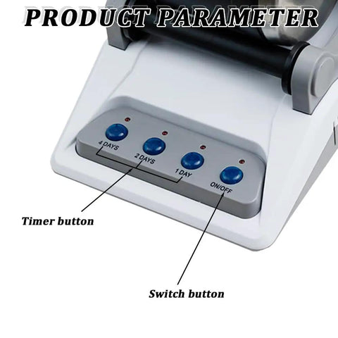 Close-up of timer buttons on Pro Grade Rock Tumbler Kit Electric Gemstone Stone Polisher For DIY Projects.