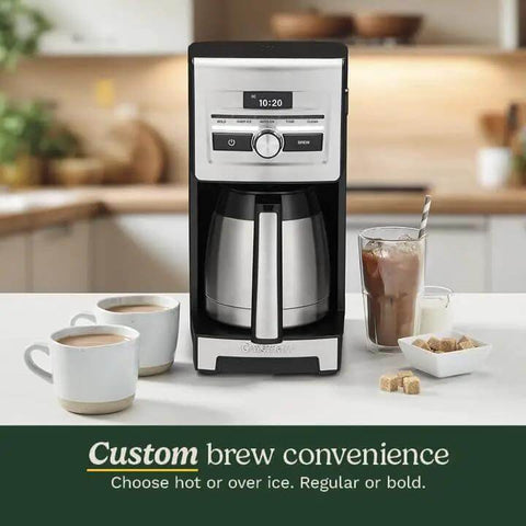 Front view of Personal Brew 10 Cup Thermal Coffee Maker Fully Automatic Programmable With No Fuss Hot Or Over Ice Options Brew Strength Control And 52 Ounce Removable Water Reservoir DCC 10 in a kitchen setting.