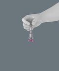 Hand holding 8 Piece In Hex Plus Bit Socket Set On Durable Textile Belt With Holding Function and Three Eighths Inch Drive bit.