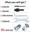 Image of M4 Jack Nut With Installation Tool Kit showing hex bit, riveter, hex wrench, wrench, and 30 jack nuts for DIY projects.