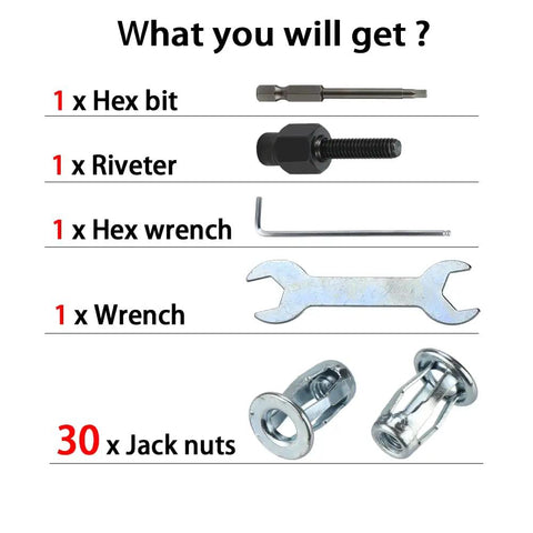 Image of M4 Jack Nut With Installation Tool Kit showing hex bit, riveter, hex wrench, wrench, and 30 jack nuts for DIY projects.