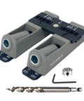 Twin Pocket Hole Jig Set With Adjustable Base And Magnetic Quick Adjust System For Fast And Easy Woodworking Joints No Marking Needed Great For DIYers And Pros Pro Grade For Any Project Today, shown with drill bit and wrench, perfect for woodworking.