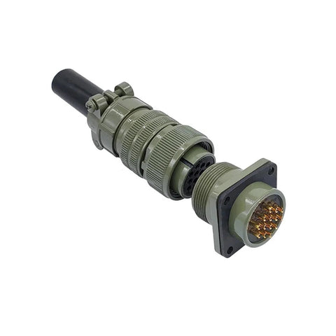 Circular MIL-C connector plug, olive drab housing, side view with screw-lock coupling.