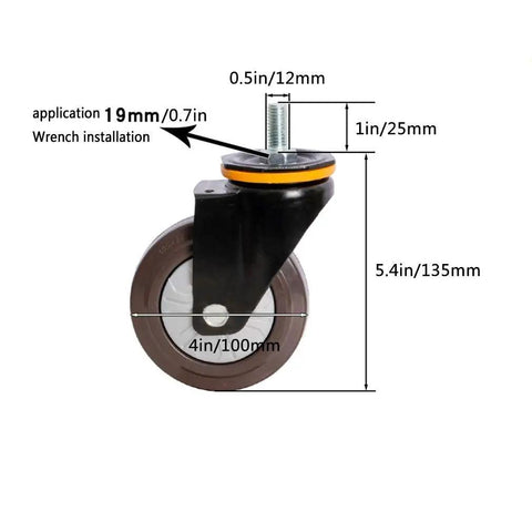 Big Heavy Duty Rubber Castor Wheels Four Pack Swivel Casters With Brake M12 Thread Rod Four Inch Trolley Dolly Furniture Casters - Side view with dimensions.