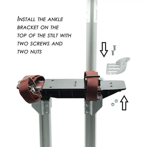Adjustable Drywall Stilts 18 To 30 Inches showing ankle bracket installation with screws and nuts