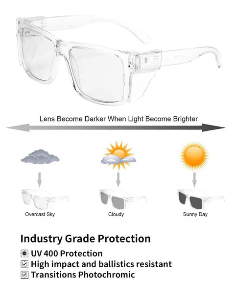Photochromic Safety Glasses Featuring Blue Light Blocking Armor And Scratch Resistant Glass transitioning in brightness with darkened lenses.