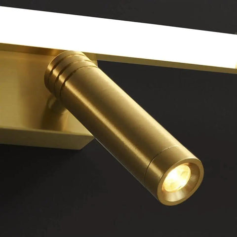 Close-up of Brass Vanity Light With Adjustable LED Spotlights For Makeup Mirror, spotlight detail, black background