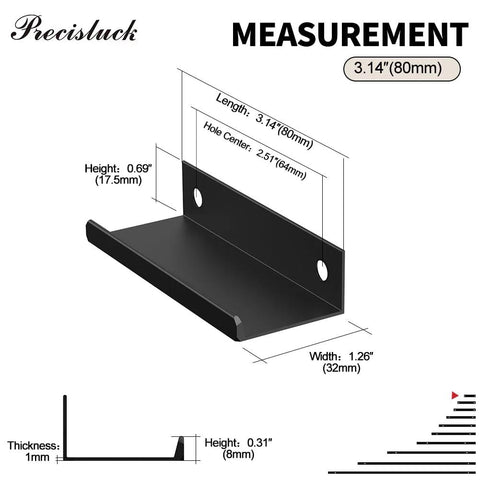 Diagram of 5 Pack 80mm Edge Matte Black Hidden Drawer Cabinet Handles Aluminum Alloy Finger Pull Back Mount with measurements in inches.