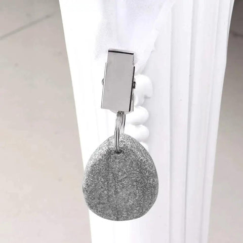 No Slip Marble Tablecloth Weights With Clips, grey pendant stone and metal clip on white tablecloth for outdoor parties and picnics