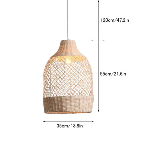 Natural Rattan Pendant Light Handwoven Wicker Ceiling Lamp with mesh design, 35x55cm size, natural finish, 120cm cord.