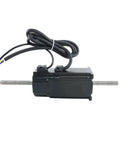 NEMA23 screw motor, side view, black housing with dual lead screws and bundled multi-wire cables.