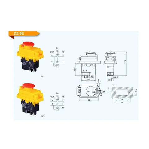 Robust DZ-6E Emergency Stop Switch With Five Pins 250V 15A Pushbutton Toggle showing technical dimensions and designs for machinery use.