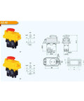 Dz-6E Emergency Stop Switch Electromagnetic Pushbutton 5 Pins industrial control component with dimensions and wiring details.