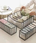 3 Piece Foldable Underwear Drawer Organizer Set For Bras Socks And Lingerie Multi Grid Closet Storage Bins crafted from durable oxford fabric displayed with bras and socks organized.