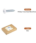 Self Tapping Screws No 8 X 1 Inch Phillips Flat Head Carbon Steel 50 Pack, white screws and box packaging displayed.