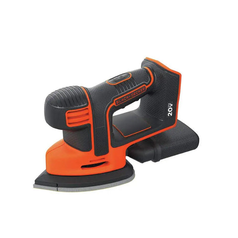 Orange and black 20V Max Mouse Sander Tool Only With Compact Ergonomic Design, Dust Collection, interchangeable detail finger attachment.